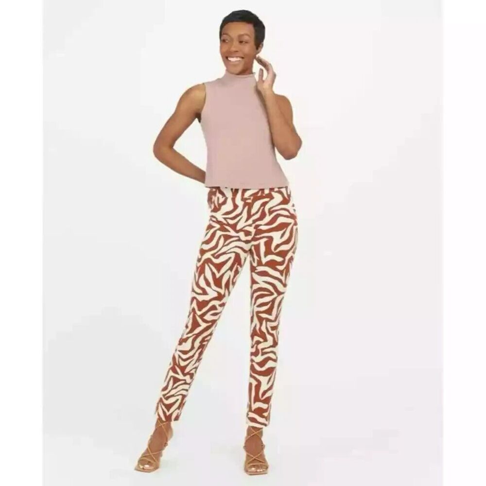 Spanx Womens On-the-Go Printed Ankle Slim Straight Pant Clay Zebra Stripe Size M